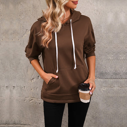 Solid Color Hoodie with Drawstring and Kangaroo Pocket