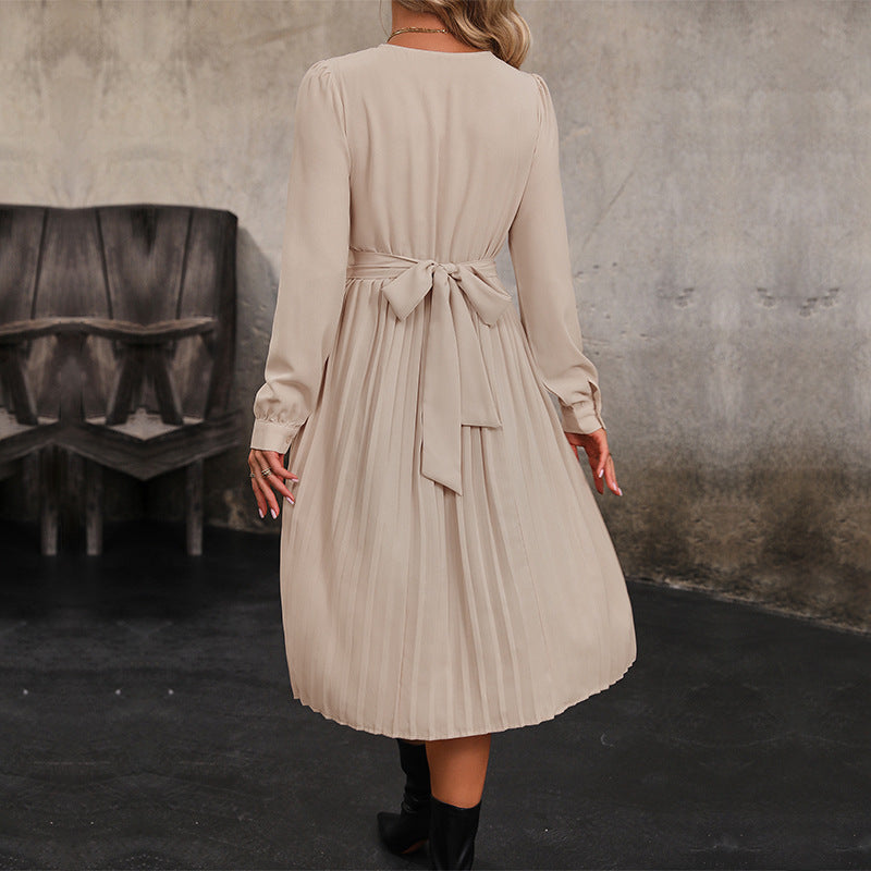 Pleated Midi Dress with Long Sleeves and Twisted Front