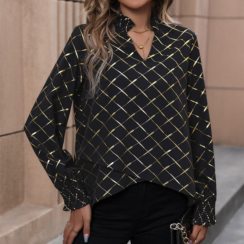 Geometric Foil Print Long Sleeve Blouse with V-Neck