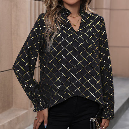 Geometric Foil Print Long Sleeve Blouse with V-Neck
