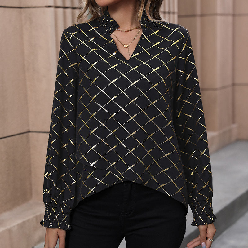 Geometric Foil Print Long Sleeve Blouse with V-Neck