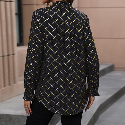 Geometric Foil Print Long Sleeve Blouse with V-Neck