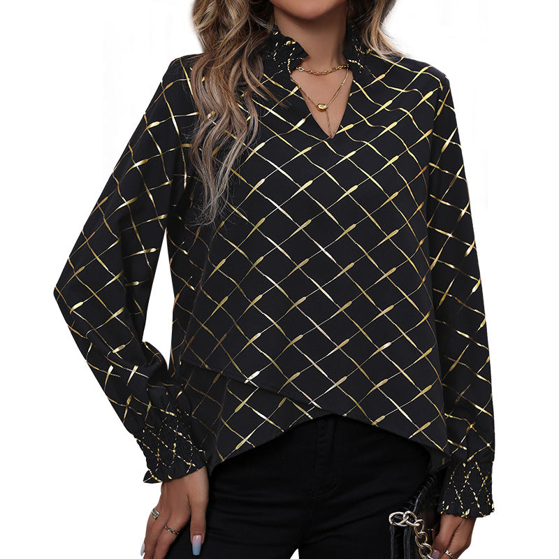 Geometric Foil Print Long Sleeve Blouse with V-Neck
