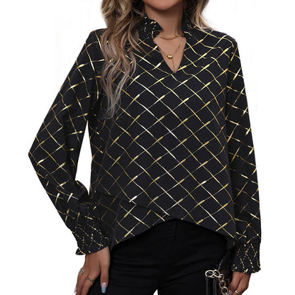Geometric Foil Print Long Sleeve Blouse with V-Neck