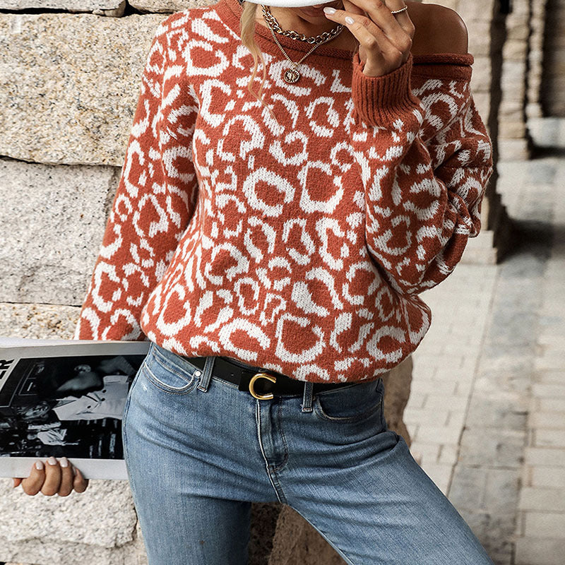 Leopard Print Jacquard Knit Sweater with Round Neck