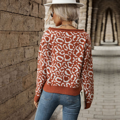 Leopard Print Jacquard Knit Sweater with Round Neck