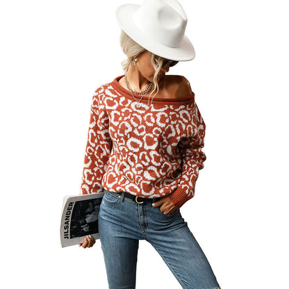 Leopard Print Jacquard Knit Sweater with Round Neck
