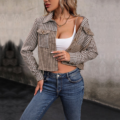 Cropped Houndstooth Jacket with Lapel Collar