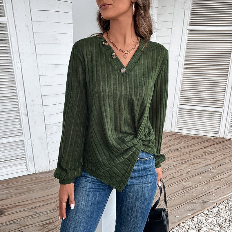 Ribbed Pullover Top with Button V-Neck and Knot Hem