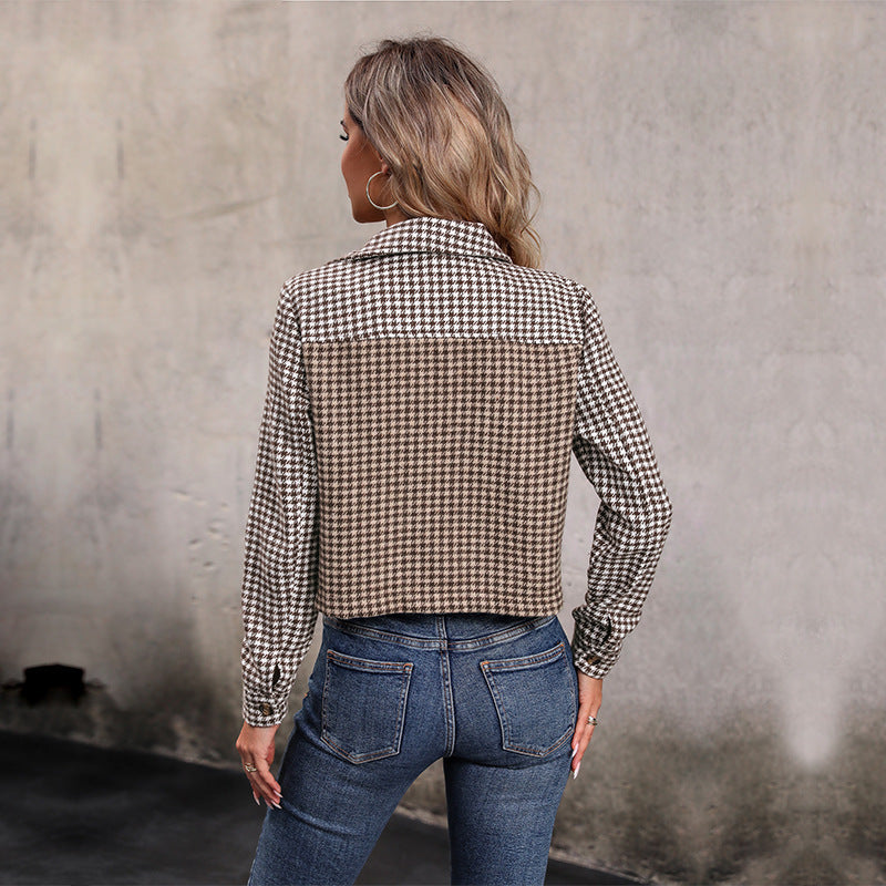 Cropped Houndstooth Jacket with Lapel Collar