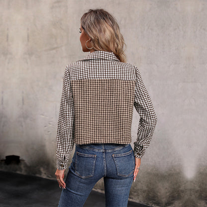 Cropped Houndstooth Jacket with Lapel Collar