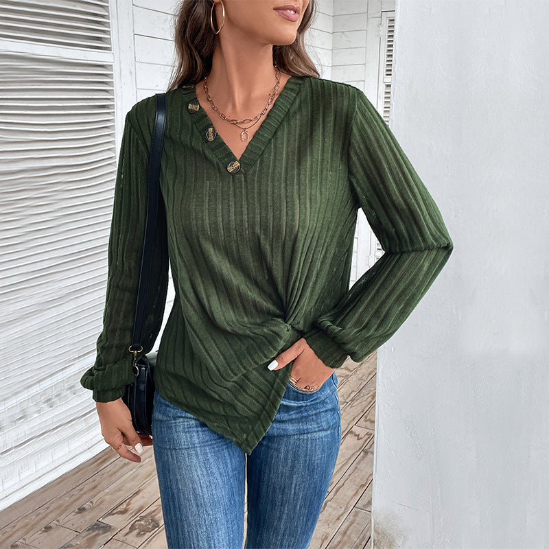 Ribbed Pullover Top with Button V-Neck and Knot Hem
