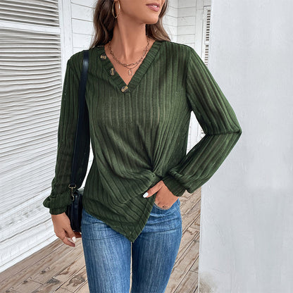 Ribbed Pullover Top with Button V-Neck and Knot Hem