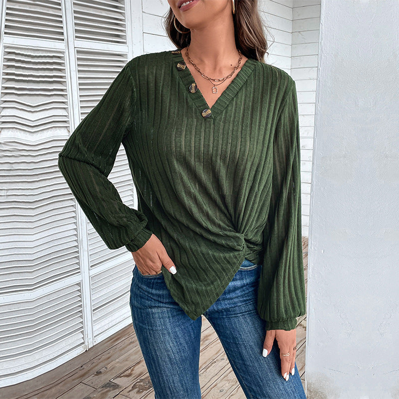 Ribbed Pullover Top with Button V-Neck and Knot Hem