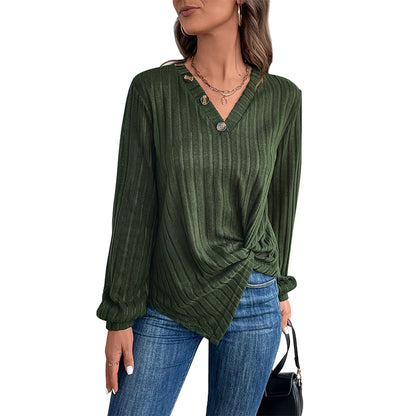 Ribbed Pullover Top with Button V-Neck and Knot Hem