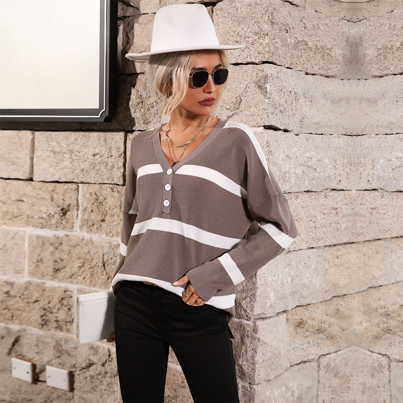 Striped Loose Fit Pullover with V-Neck Henley
