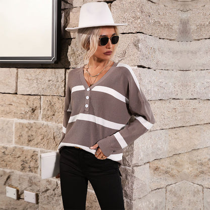 Striped Loose Fit Pullover with V-Neck Henley