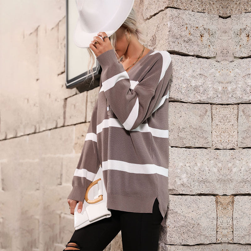 Striped Loose Fit Pullover with V-Neck Henley