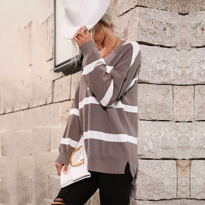 Striped Loose Fit Pullover with V-Neck Henley