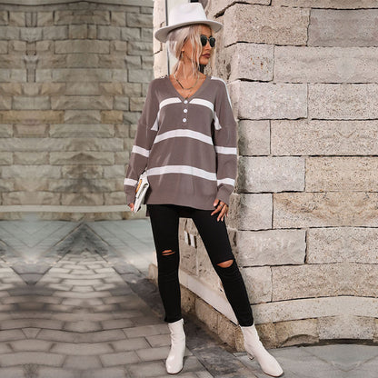 Striped Loose Fit Pullover with V-Neck Henley