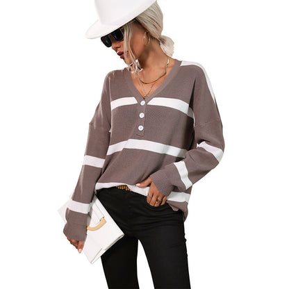 Striped Loose Fit Pullover with V-Neck Henley