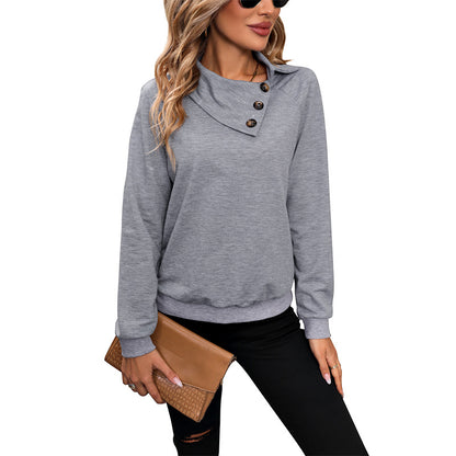Solid Pullover Sweatshirt with Asymmetrical Button Neck