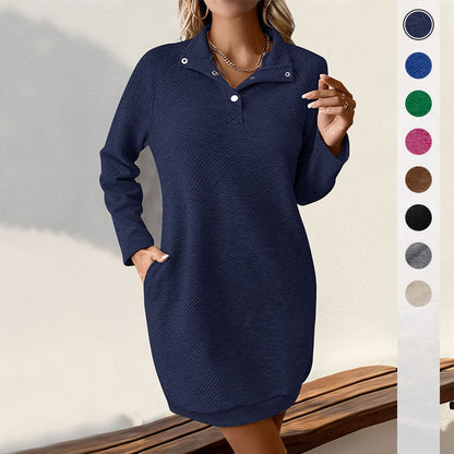Textured Sweatshirt Dress with Snap-Button Collar and Pockets