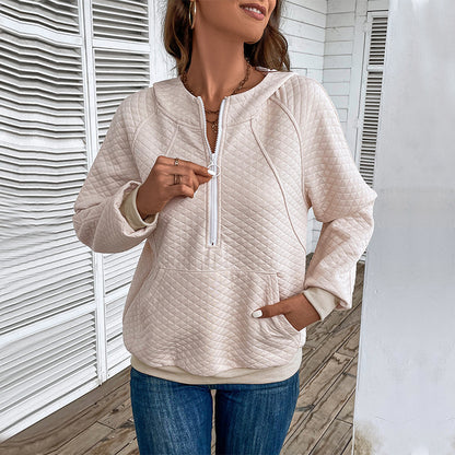 Quilted Half-Zip Hoodie with Kangaroo Pocket