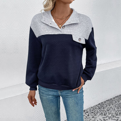 Color-Block Textured Pullover Sweatshirt with Lapel Collar