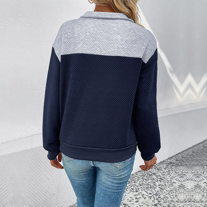 Color-Block Textured Pullover Sweatshirt with Lapel Collar