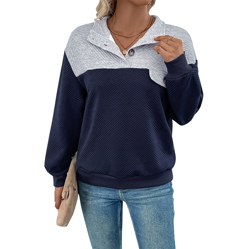 Color-Block Textured Pullover Sweatshirt with Lapel Collar