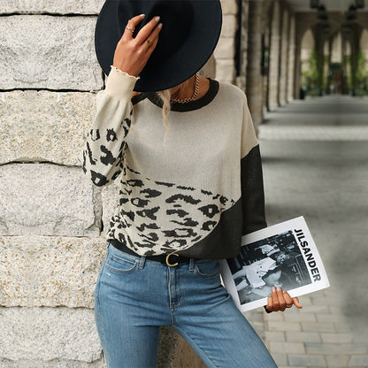 Leopard Print Color Block Sweater with Cold Shoulder