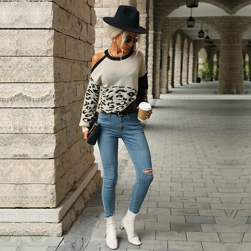 Leopard Print Color Block Sweater with Cold Shoulder