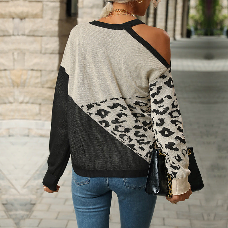 Leopard Print Color Block Sweater with Cold Shoulder