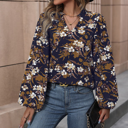 Floral Print Blouse with V-Neck and Balloon Sleeves