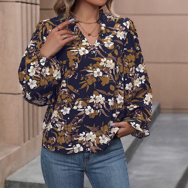Floral Print Blouse with V-Neck and Balloon Sleeves