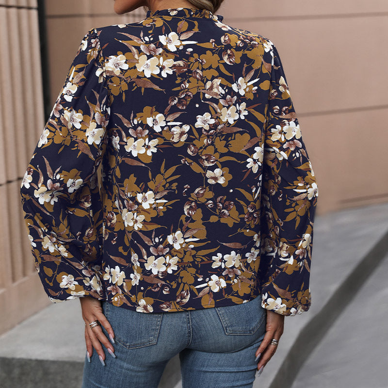 Floral Print Blouse with V-Neck and Balloon Sleeves