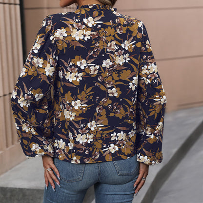 Floral Print Blouse with V-Neck and Balloon Sleeves