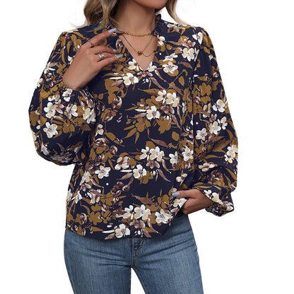 Floral Print Blouse with V-Neck and Balloon Sleeves