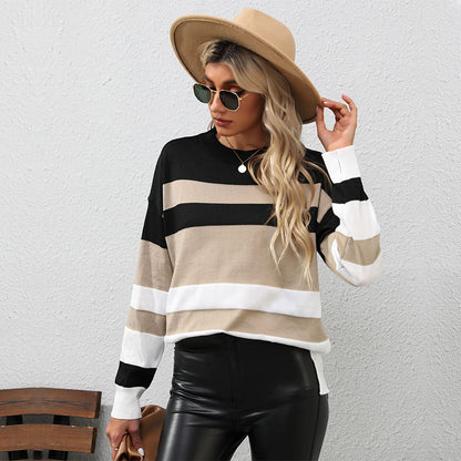 Color Block Long Sleeve Sweater with Round Neck