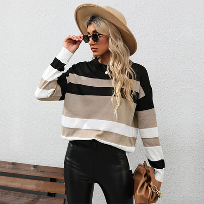 Color Block Long Sleeve Sweater with Round Neck