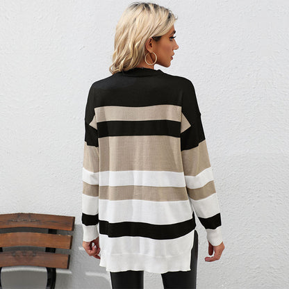 Color Block Long Sleeve Sweater with Round Neck
