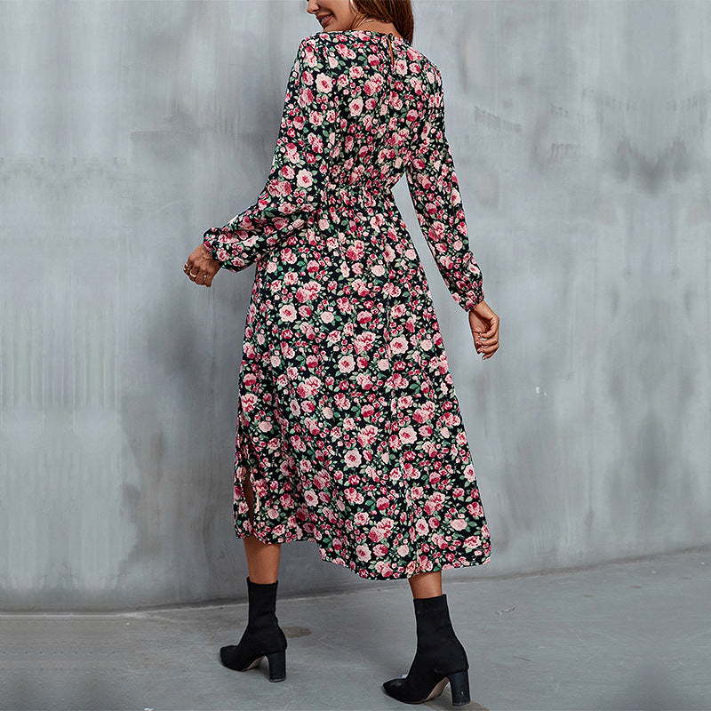 Floral Print Wrap Midi Dress with V-Neck and Side Slit