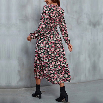Floral Print Wrap Midi Dress with V-Neck and Side Slit