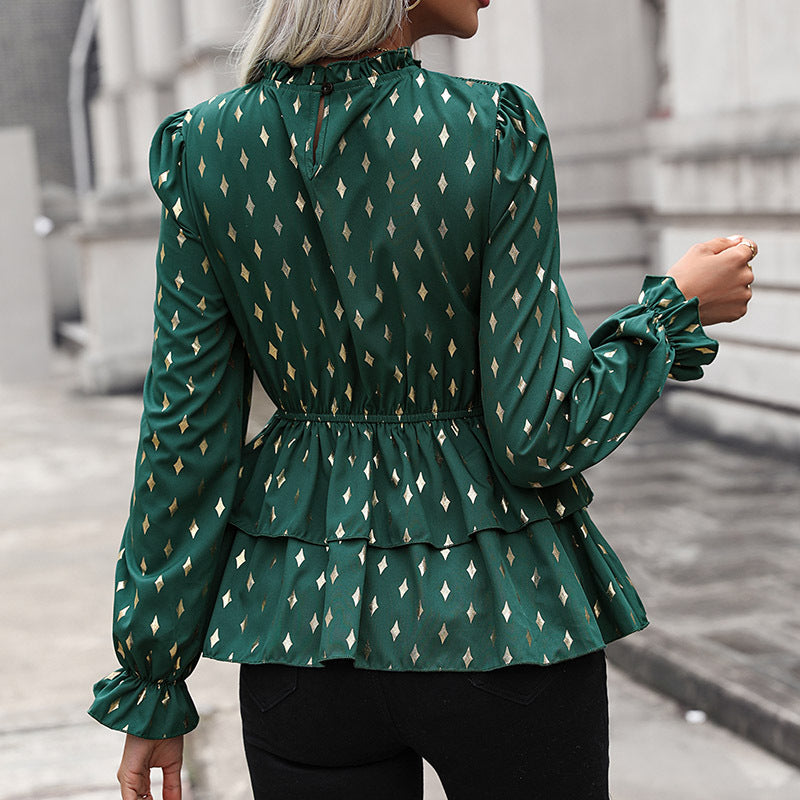 Gold Rhombus Print Blouse with Ruched Bodice and Tiered Peplum