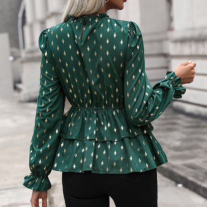Gold Rhombus Print Blouse with Ruched Bodice and Tiered Peplum