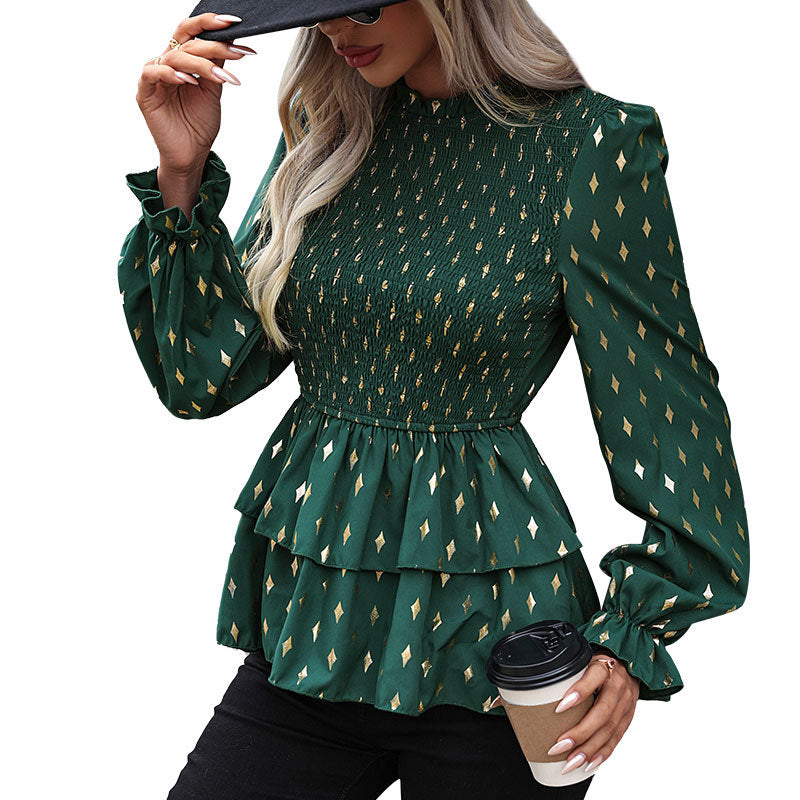 Gold Rhombus Print Blouse with Ruched Bodice and Tiered Peplum