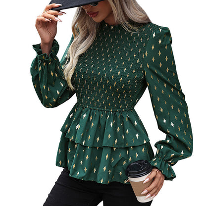 Gold Rhombus Print Blouse with Ruched Bodice and Tiered Peplum