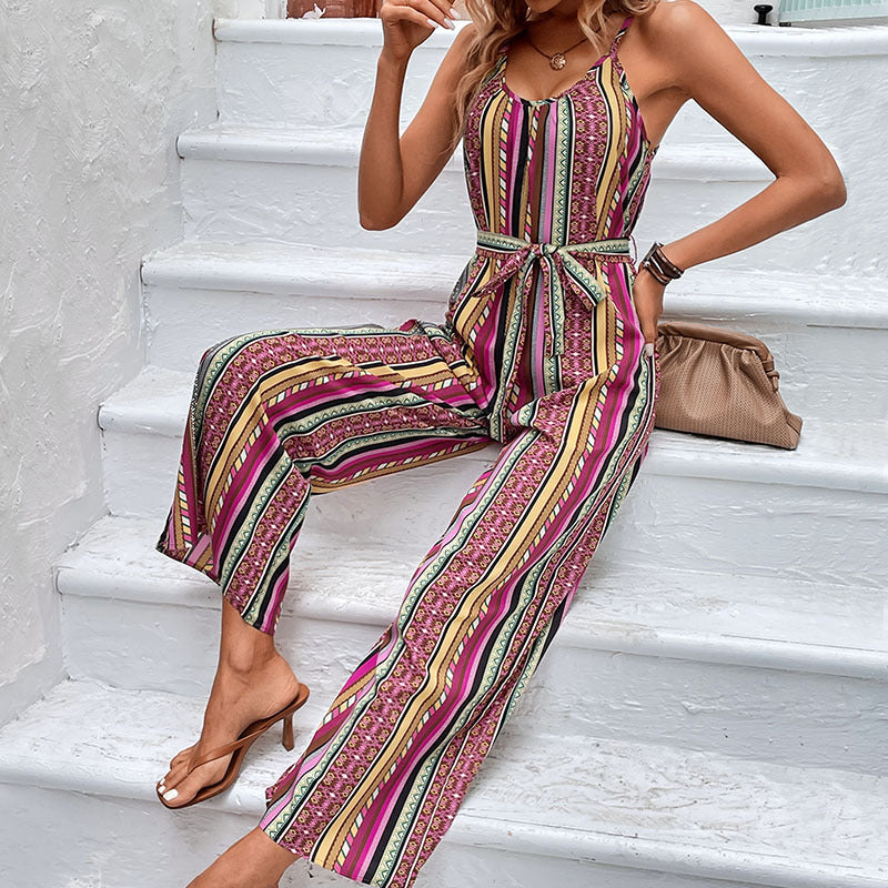Striped Jumpsuit with Tie-Waist and Wide Legs