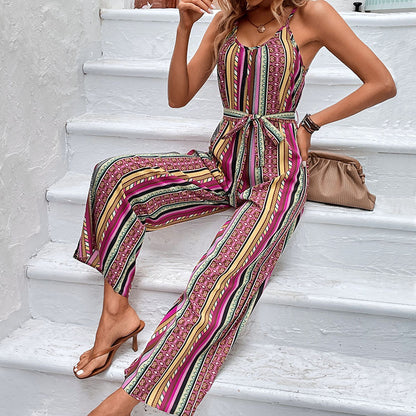Striped Jumpsuit with Tie-Waist and Wide Legs